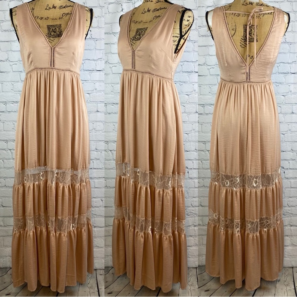 Forever 21 Taupe V Neck Lace Multi Tier Maxi